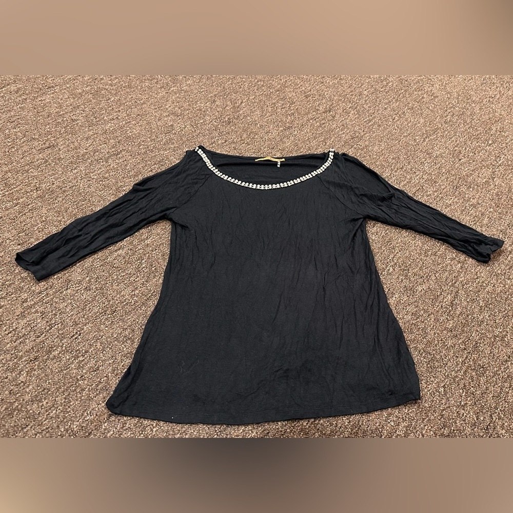 belldini Tunic Top long sleeve Rhinestone Neck Black Womens Size S EUC!